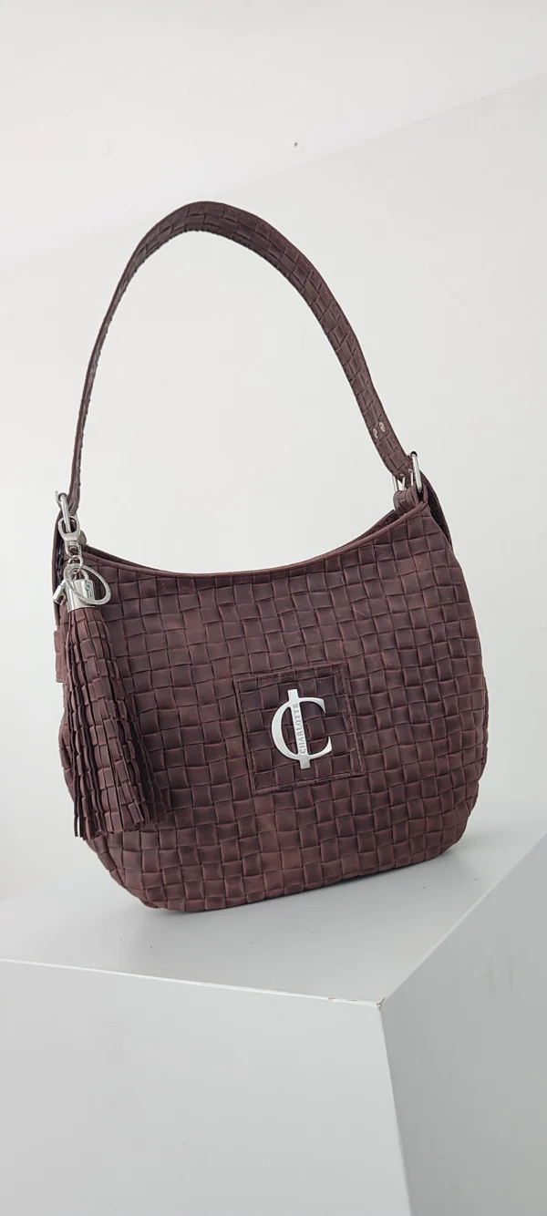 Bolso Rimini Grand Charlotte Signature Choco Trenzado 5 Bolso elegante choco piel trenzada asas intercambiables