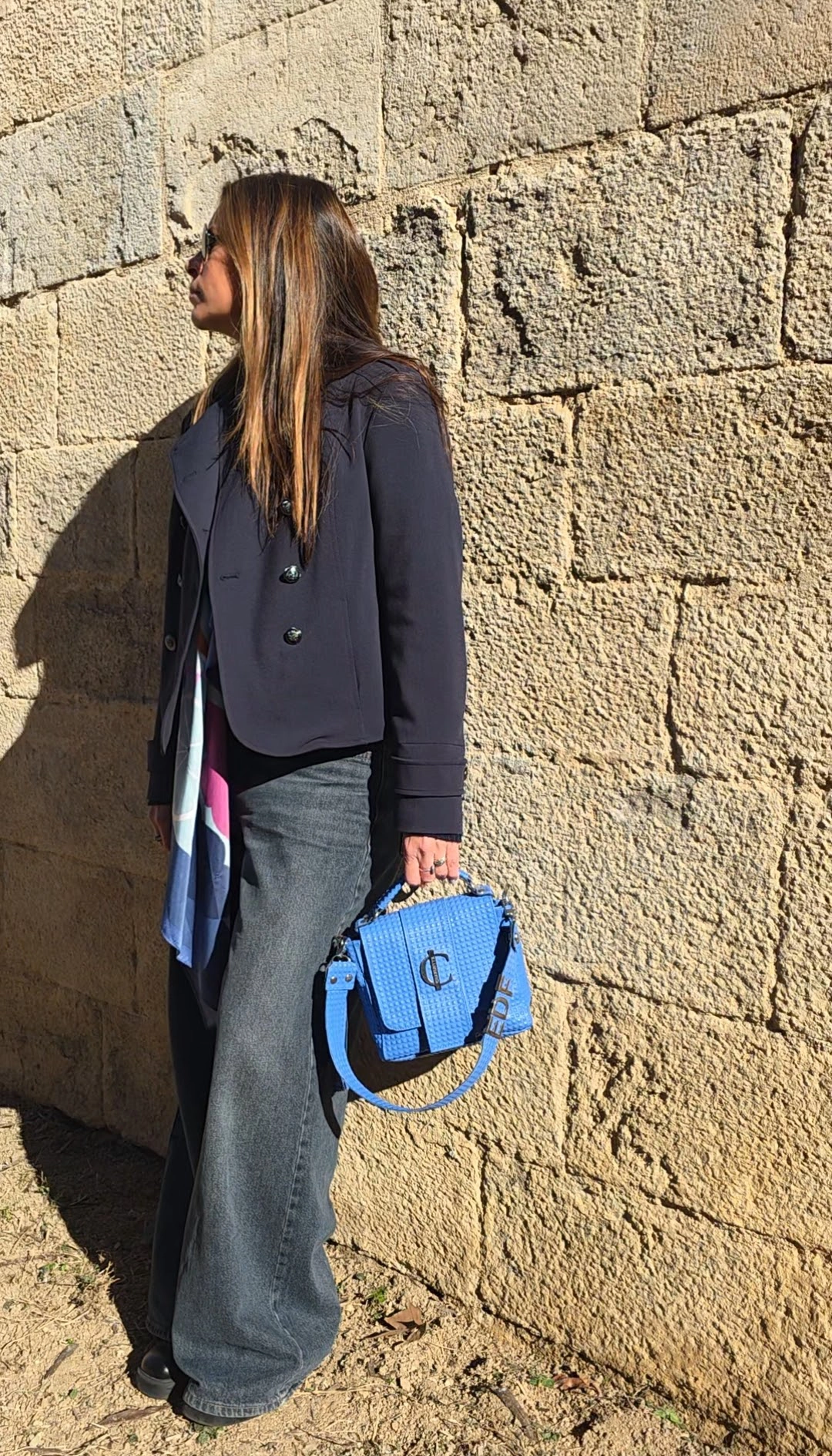 Bolso de mano Roma Signature Azul piel piramidal Charlotte elegante y de uso diario